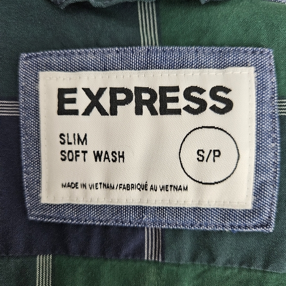 Express Slim Shirt Green Navy Plaid Long Sleeve Button Up Collared Mens Small - Picture 4 of 5